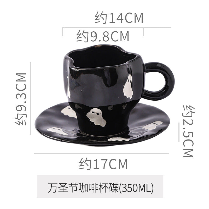 Creative halloween-themed ceramic cup and saucer set, featuring an irregular design with pumpkin and bat motifs. perfect for coffee or tea