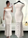 Export light mature style lace dress metal buckle off-shoulder topspatchwork full body pattern lace silm fishtail long