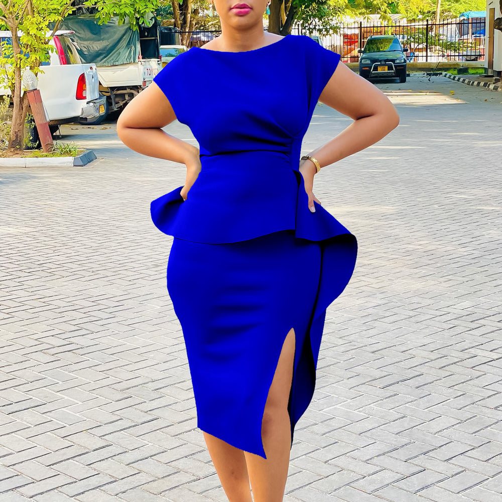 Q092  foreign trade women's v-neck solid color bodycon dress with ruffle hem and slit - professional european and american style