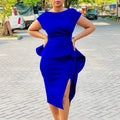 Q092  foreign trade women's v-neck solid color bodycon dress with ruffle hem and slit - professional european and american style