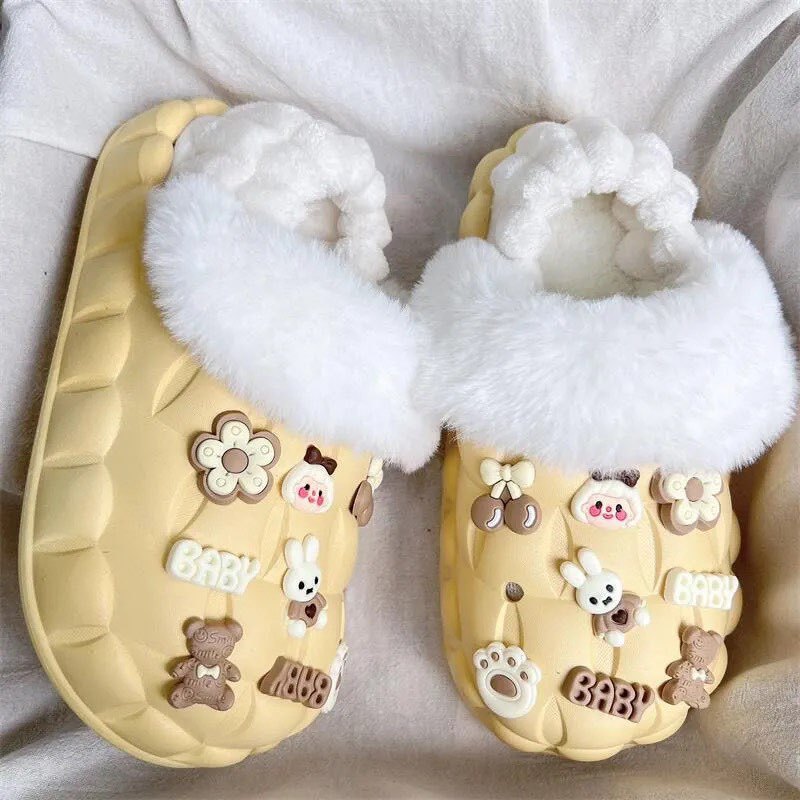 2025 cotton slippers - removable & washable, women's winter home & outdoor wear, thick sole, closed heel, fleece-lined, cartoon design, warm & cozy