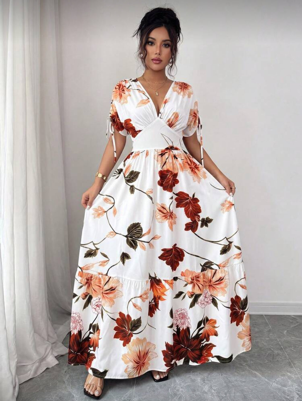 European and american cross-border  women's v-neck drawstring midi dress - summer print beach vacation travel maxi skirt
