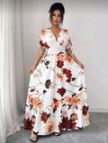 European and american cross-border  women's v-neck drawstring midi dress - summer print beach vacation travel maxi skirt