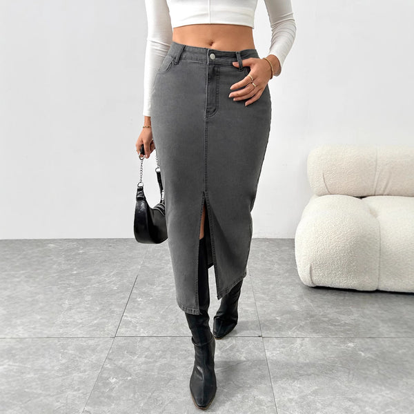 Cross-border retro denim skirt skirt women's spring and autumn high waist and thin buttocks straight A-shaped split long skirt