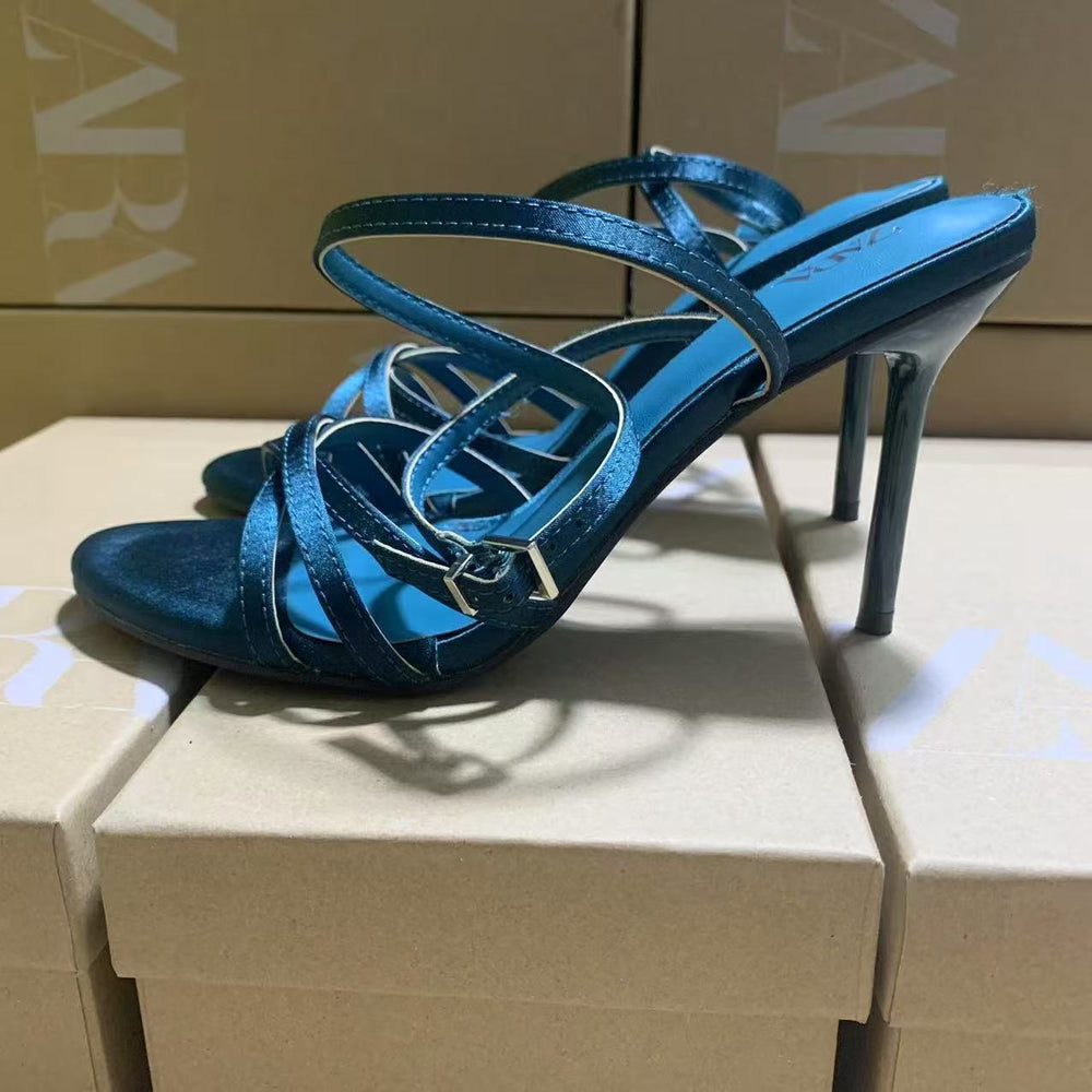 Za's 2025 new french-style women's high heels: pointed-toe, stiletto, criss-cross buckle, fashionable open-back sandals in peacock green
