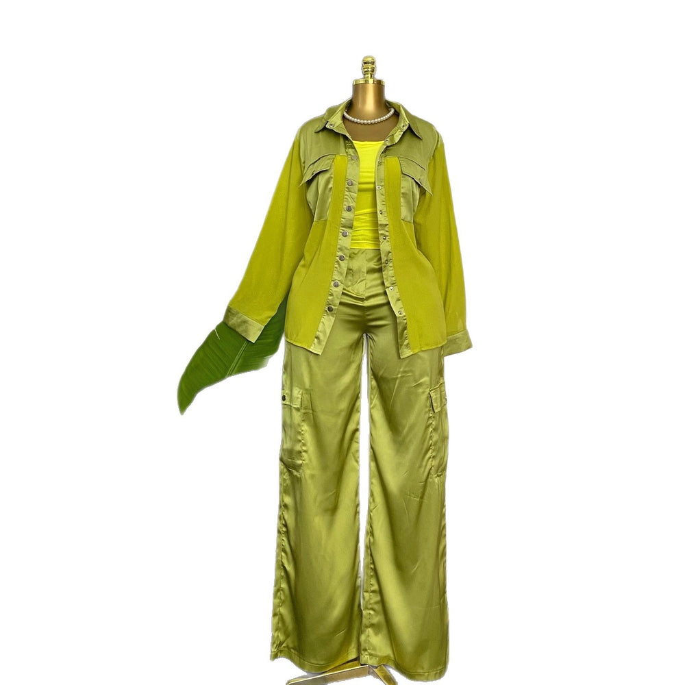 European and american cross-border women's fashion:  summer new collection - stylish design patchwork long sleeve shirt and wide leg pants set