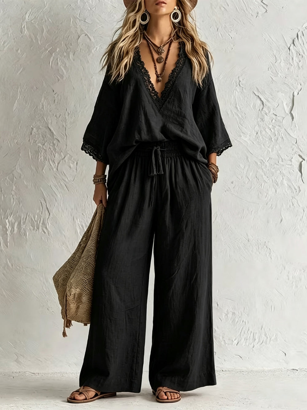 European and american cross-border e-commerce women's new bohemian style lace-trimmed v-neck top and wide-leg pants two-piece set