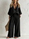 European and american cross-border e-commerce women's new bohemian style lace-trimmed v-neck top and wide-leg pants two-piece set