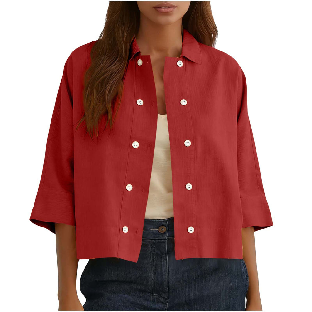 cross-border  solid color cotton linen double-breasted cropped short-sleeve cardigan shirt women's top blouse