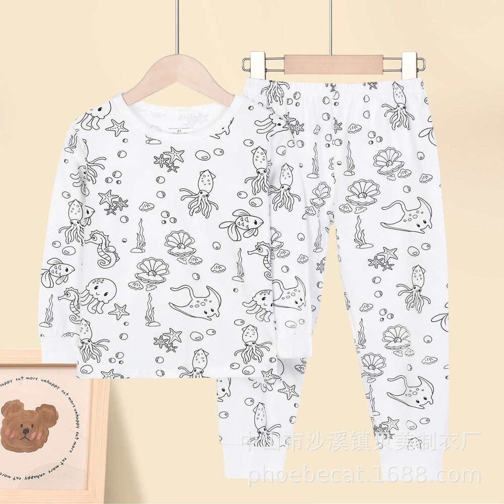 Class a cotton kids home wear suit boys and girls youth graffiti autumn clothes and long trousers close-fitting in stock wholesale