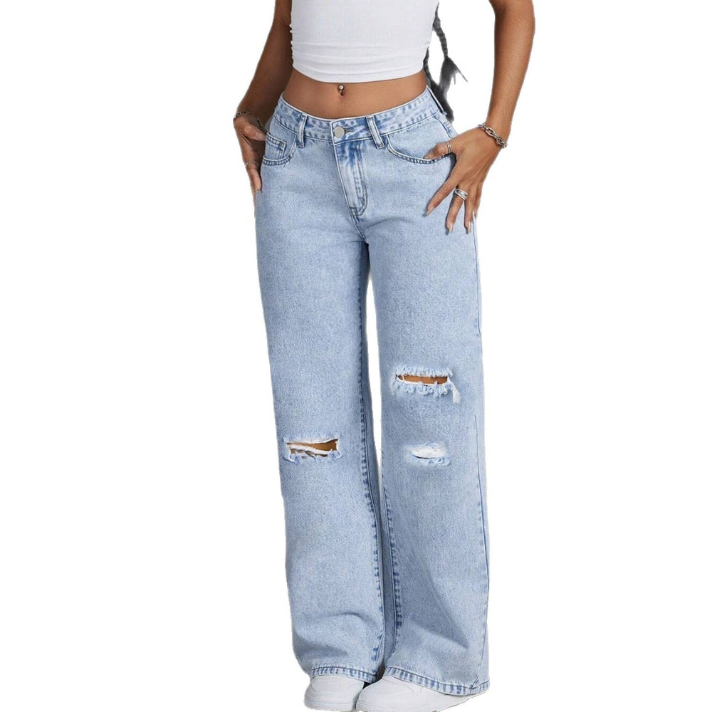 export hot-selling distressed jeans for women, light blue streetwear-style high-waisted washed denim pants