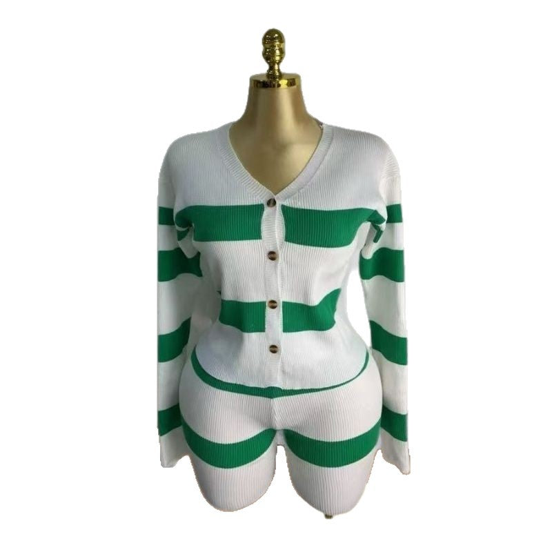 Cross-border spring explosion casual plus long sweater jacket European and American v-neck black and white striped knitted cardigan thin set