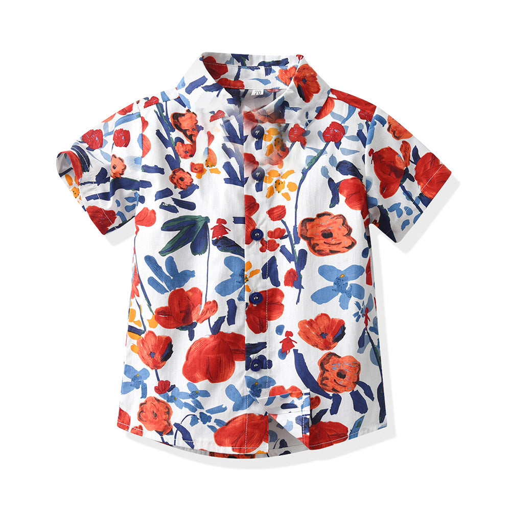 European and american cross-border children's clothing: dad & son vacation outfit, family matching beach style short-sleeve boy's floral shirt