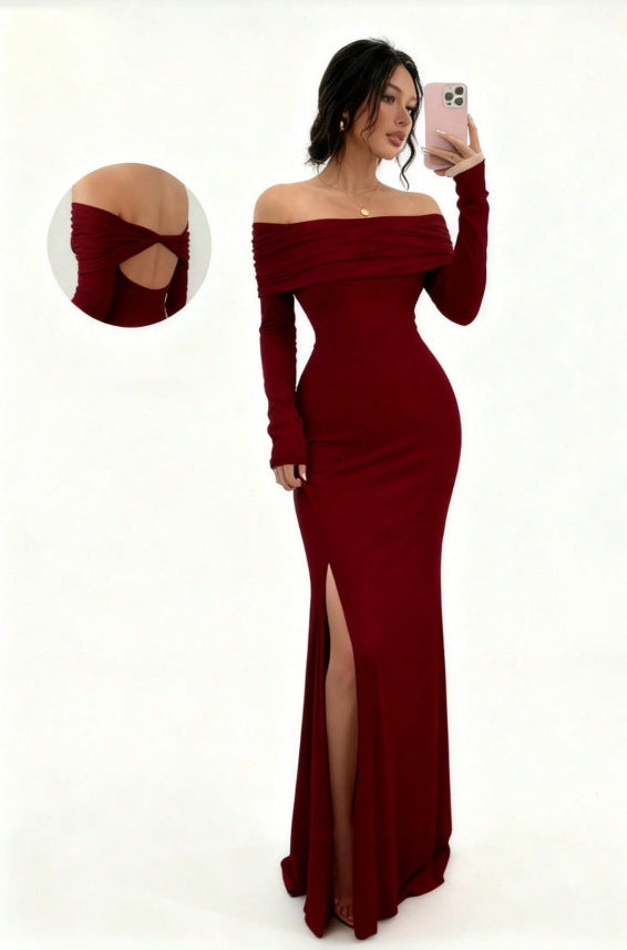 new autumn cross-border long-sleeve slit one-shoulder fashionable slim-fit elegant socialite sexy bodycon dress