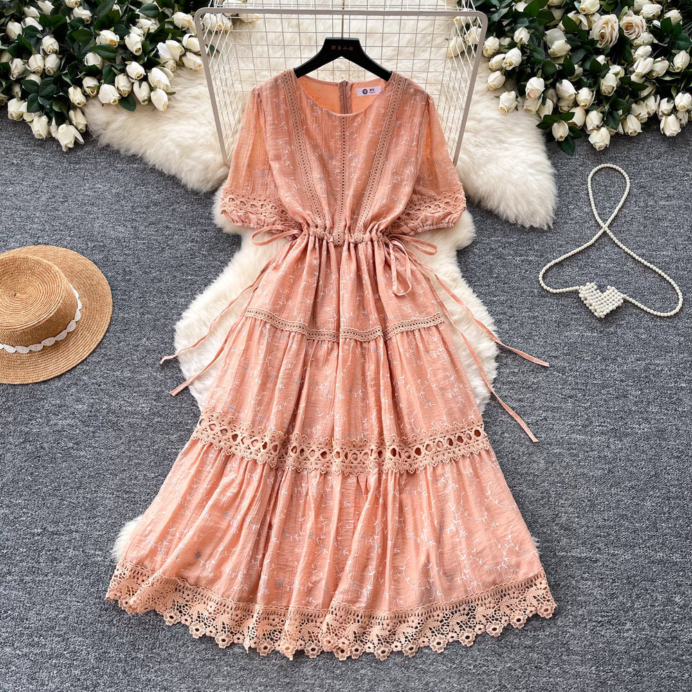 French chic a-line dress - women's summer korean style short sleeve waist-defining lace trim maxi dress