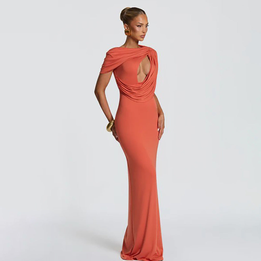 women's clothing  new arrival: elegant solid color one-shoulder cutout maxi dress - slim fit, waist-cinching, bodycon dress