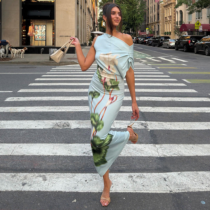 European and american style cross-border slim-fit women's plant print bodycon dress - elegant outdoor asymmetrical neck sleeveless hiking dress
