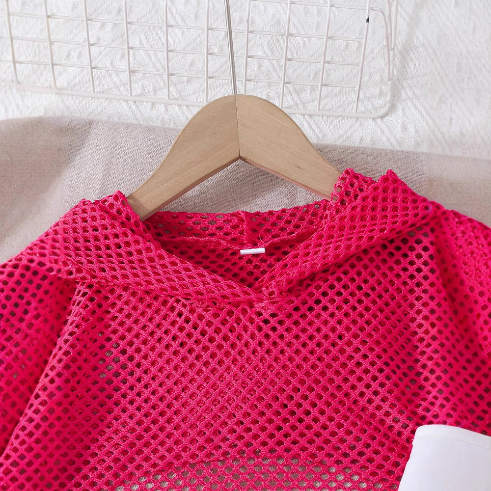exclusive supply—girl fashion suit pink mesh short-sleeved top + white vest + black pleated skirt
