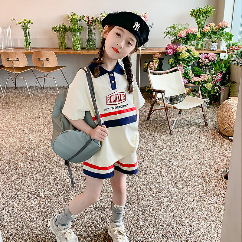 Girls' summer outfit : stylish korean-style polo shirt and shorts set for girls - casual two-piece set