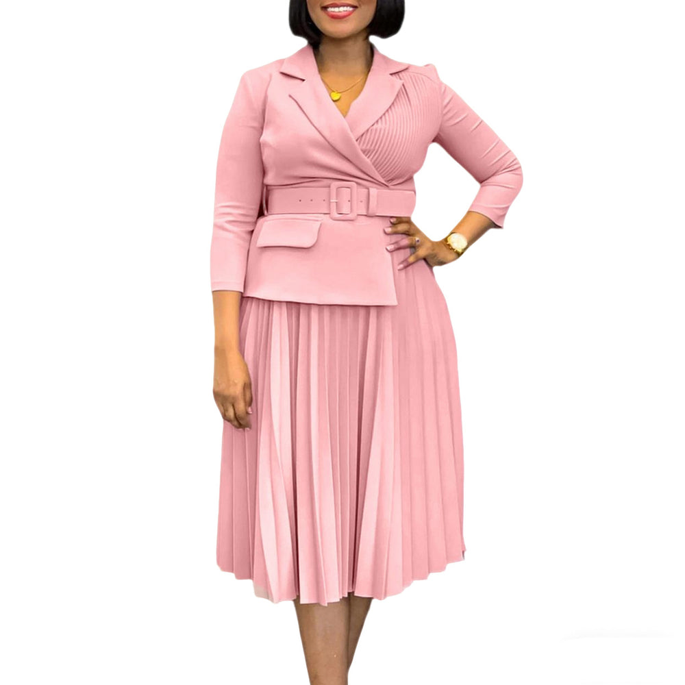 D592  independent station fashion cross-border women's clothing autumn and winter women's suit collar elegant pleated skirt african dress