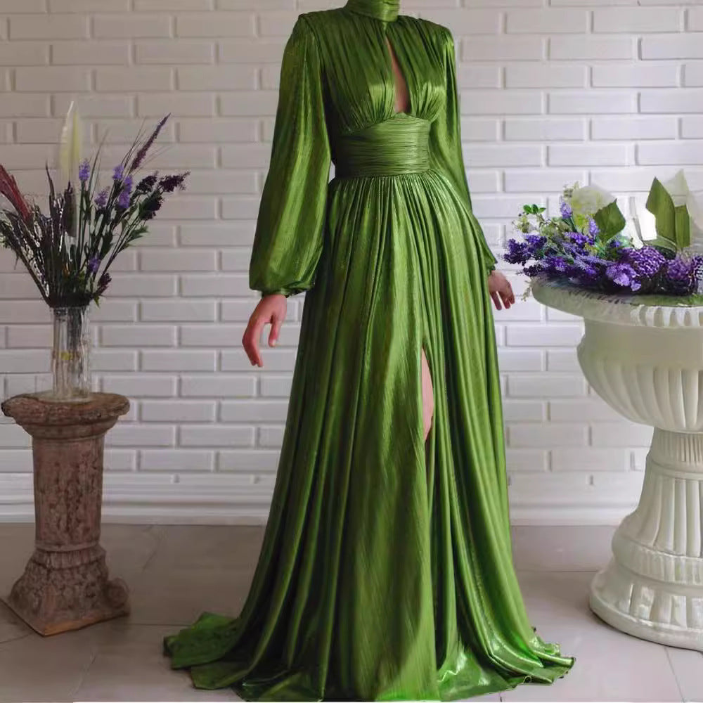 Amazon's new  spring summer popular color waist hanging neck large swing sexy avocado green dress long skirt