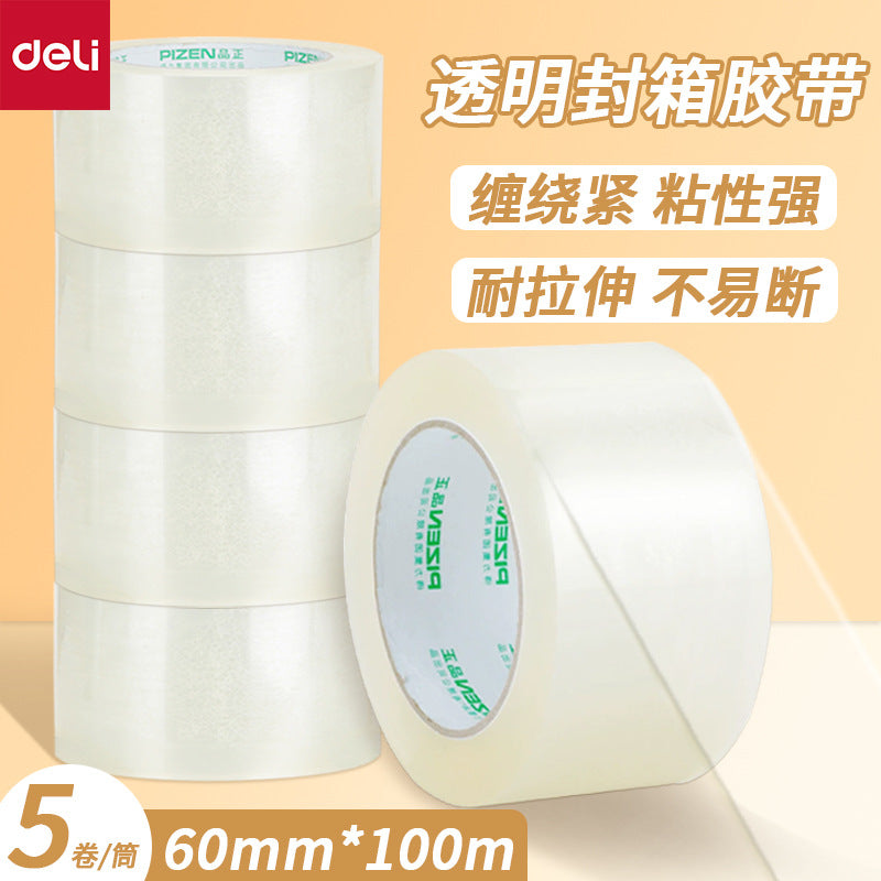 Deli 33195A sealing tape 5 rolls of 60mm large tape 6cm * 100m tape in transparent barrels 5 rolls/drum