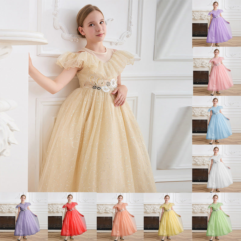 Custom-made tulle dress for girls, european and american style, off-the-shoulder princess dress, elegant long dress for children's birthdays, high-end dress for little girls