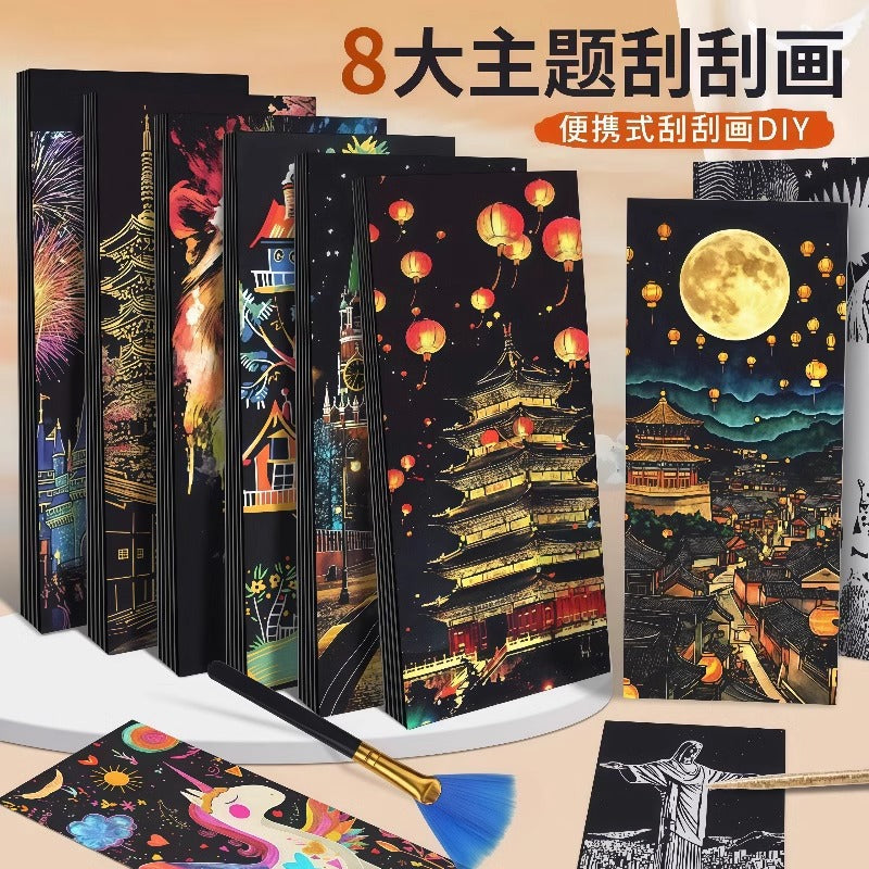 Scratch art paper - diy hand-painted scratch art - creative castle & dazzling night scene - stress relief art scratch paper