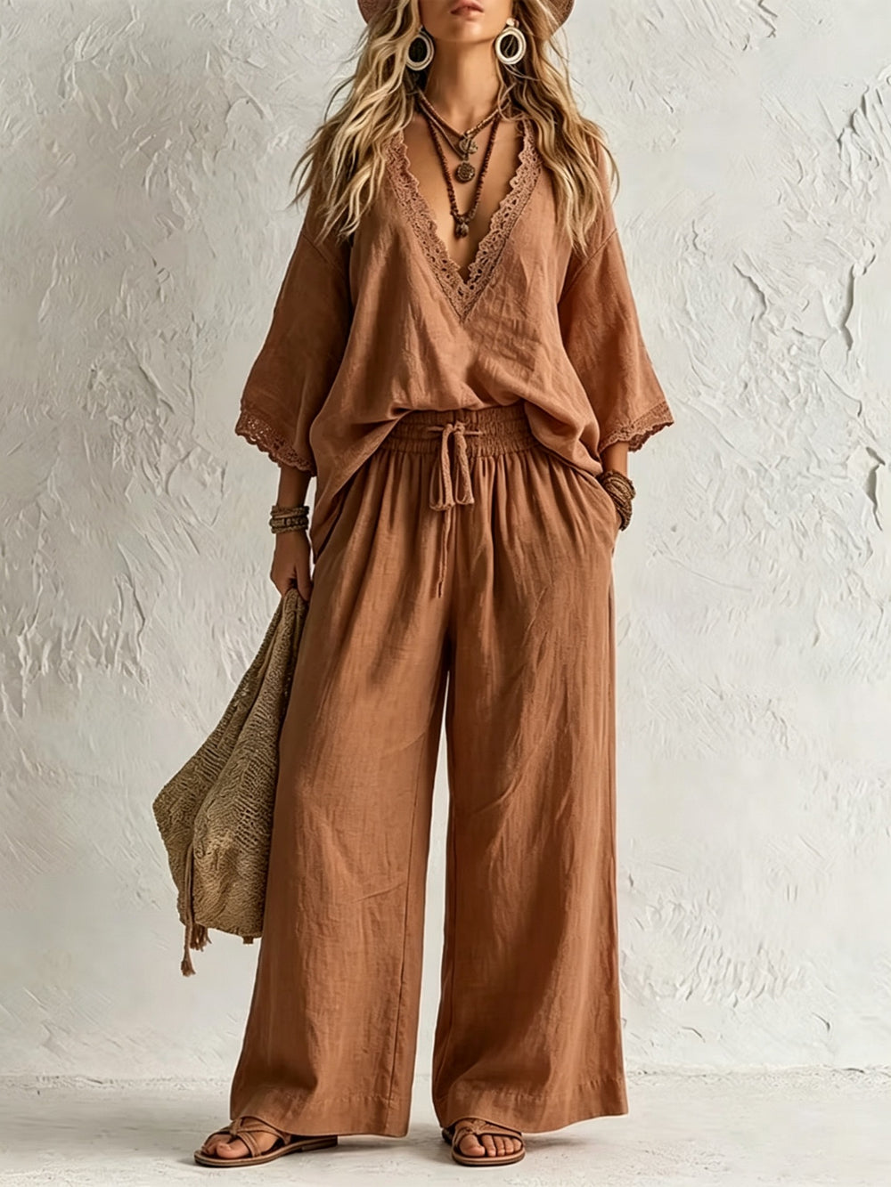 European and american cross-border e-commerce women's new bohemian style lace-trimmed v-neck top and wide-leg pants two-piece set