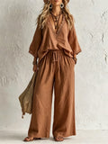 European and american cross-border e-commerce women's new bohemian style lace-trimmed v-neck top and wide-leg pants two-piece set