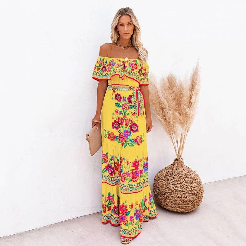 independent station new arrivalfashion spring summer one shoulder red flower printing long swing dress for women