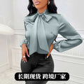 Independent station women's clothing  cross-border export spring new satin shirt  bow long sleeve top