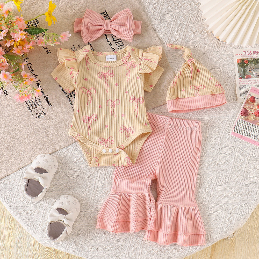 new product european and american summer bow printing pink flared pants cute baby children's clothing suit wholesale