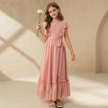 European and american cross-border teen girls' clothing  new arrival: elegant ruffle trim round neck cinched waist long french style dress