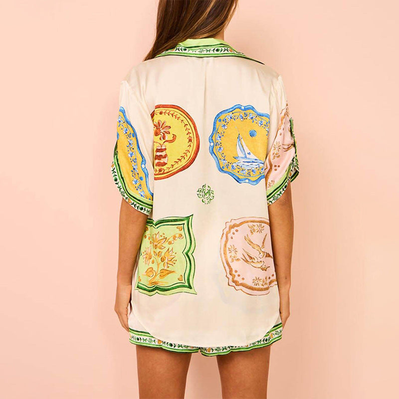 cross-border european and american women's clothing: new women's summer fashion printed button-down shirt and shorts outfit set