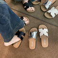 Fashionable starlight silver h strap versatile soft sole sandals & slippers - high-end french retro flat one-strap slides for women