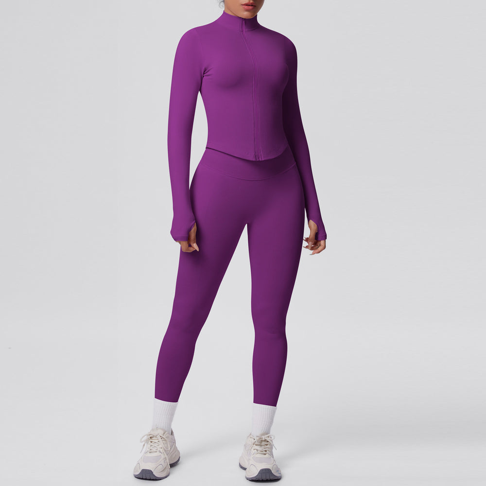 seamless pure color tight high elastic breathable zipper nine-point sports suit running fitness yoga suit two-piece set