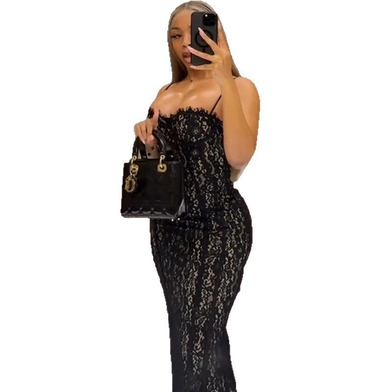 European and american cross-border women's fashion:  summer new arrivals - sexy, elegant, slim-fit, and figure-flattering lace black slip dress