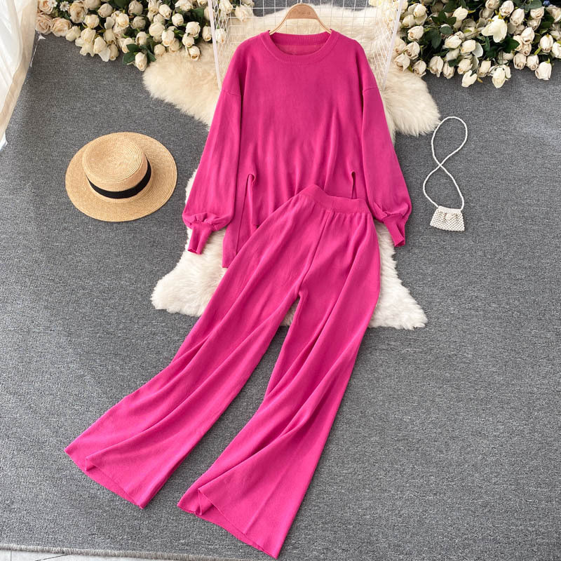 Hong kong style relaxed fit casual set - women's autumn design, slimming irregular top & wide leg pants two-piece outfit