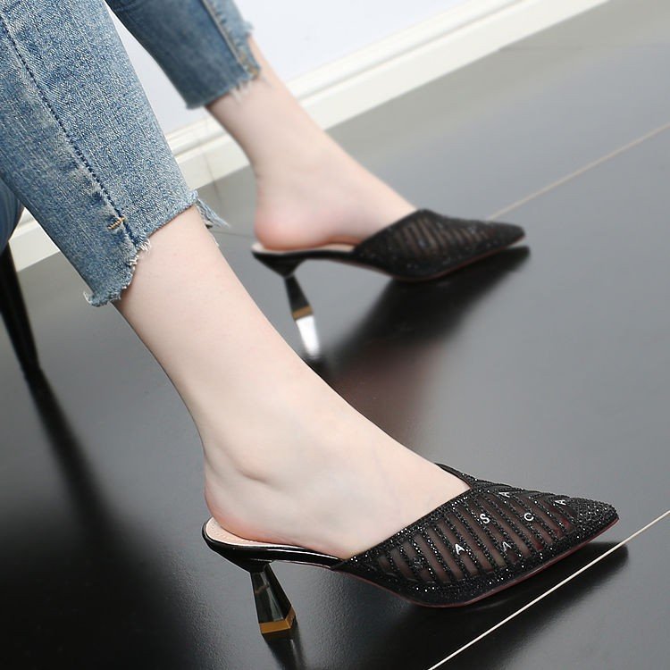 Baotou sandals for women 2021new arrival mesh pointed toe stiletto heel popular slippers high heel outweark-style half slippers for women summer