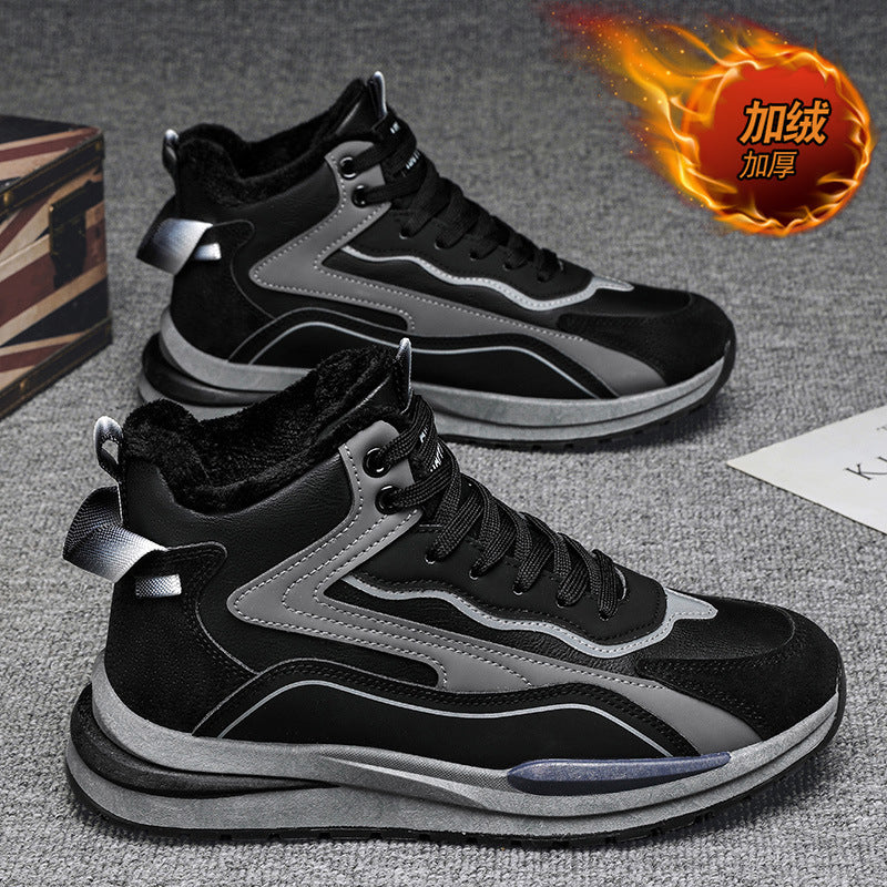 Men's spring new thick-soled fleece-lined warm dad shoes, versatile high-top athletic shoes for young men, men's casual shoes