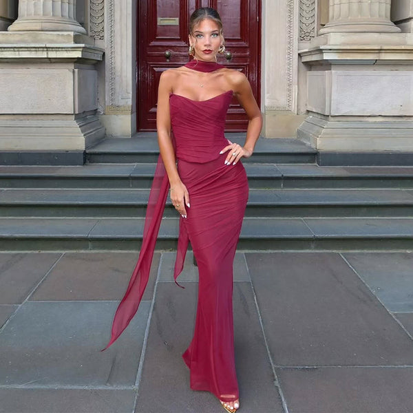 European and American style  2025 summer fashion new tube top strap-on neck high waist slim hip skirt set