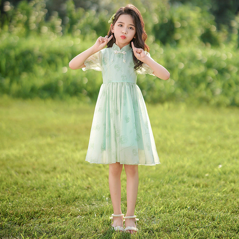 Girls' summer dress  new chinese style frog closure short sleeve traditional dress children's fashionable flared skirt