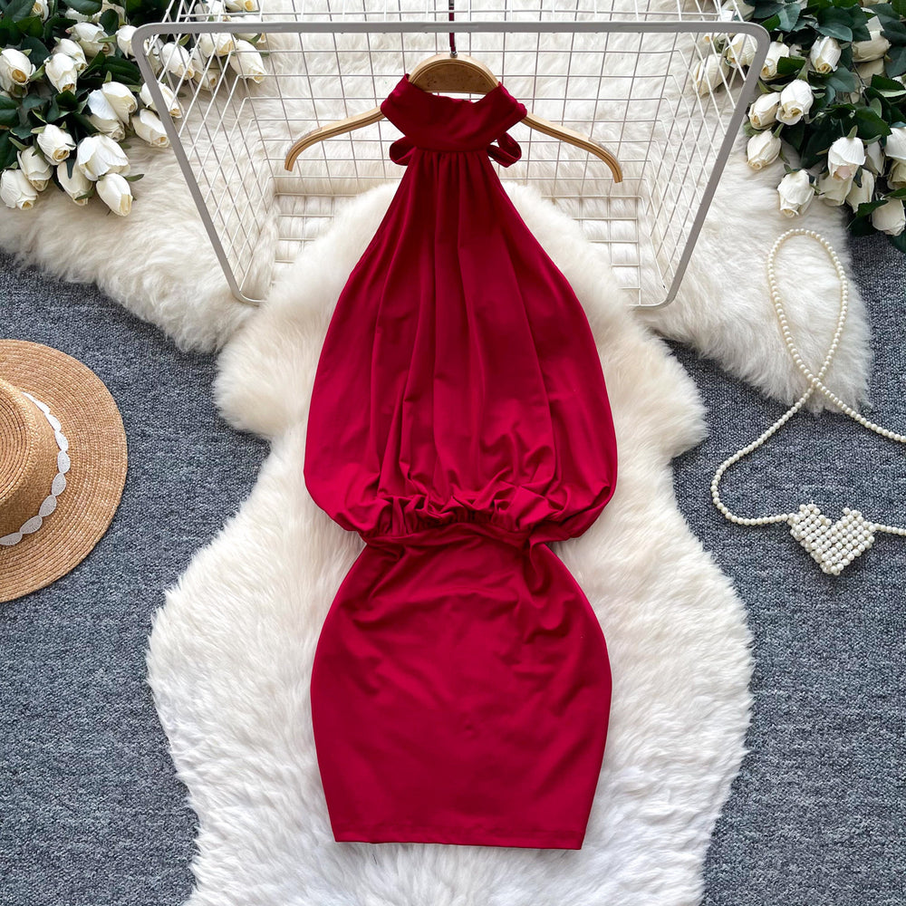 Sexy halter pure desire red hip cover dress women's summer hot girl royal sister backless silm slimming look hip cover skirt