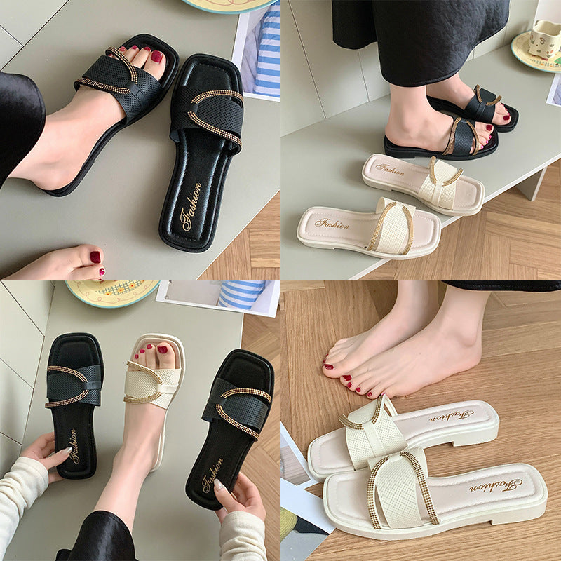Women's slippers 2025 new korean style outdoor wear home flat one-strap sandals beach casual sweet style beach slippers