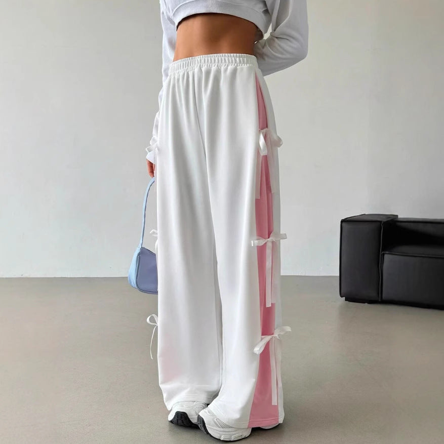 european and american style women's spring/autumn elastic waistband color-blocked straight-leg casual white athletic pants with bow detail