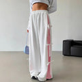european and american style women's spring/autumn elastic waistband color-blocked straight-leg casual white athletic pants with bow detail