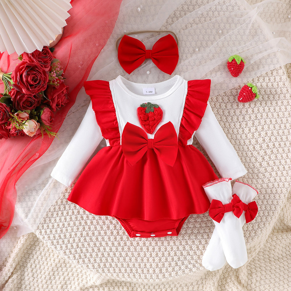 Children's clothing cross-border european and american girls strawberry chapter off-white long sleeves and red dress