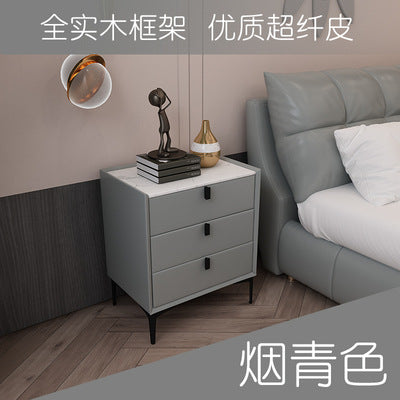 Ready-to-ship, modern, minimalist faux leather bedside table with three drawers, italian-style high-end, popular bedroom solid wood nightstand