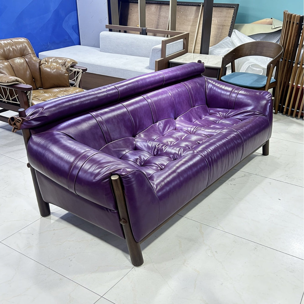 Solid wood sofa fabric designer creative straight row high back retro ash wood three-person new arrival oil wax leather